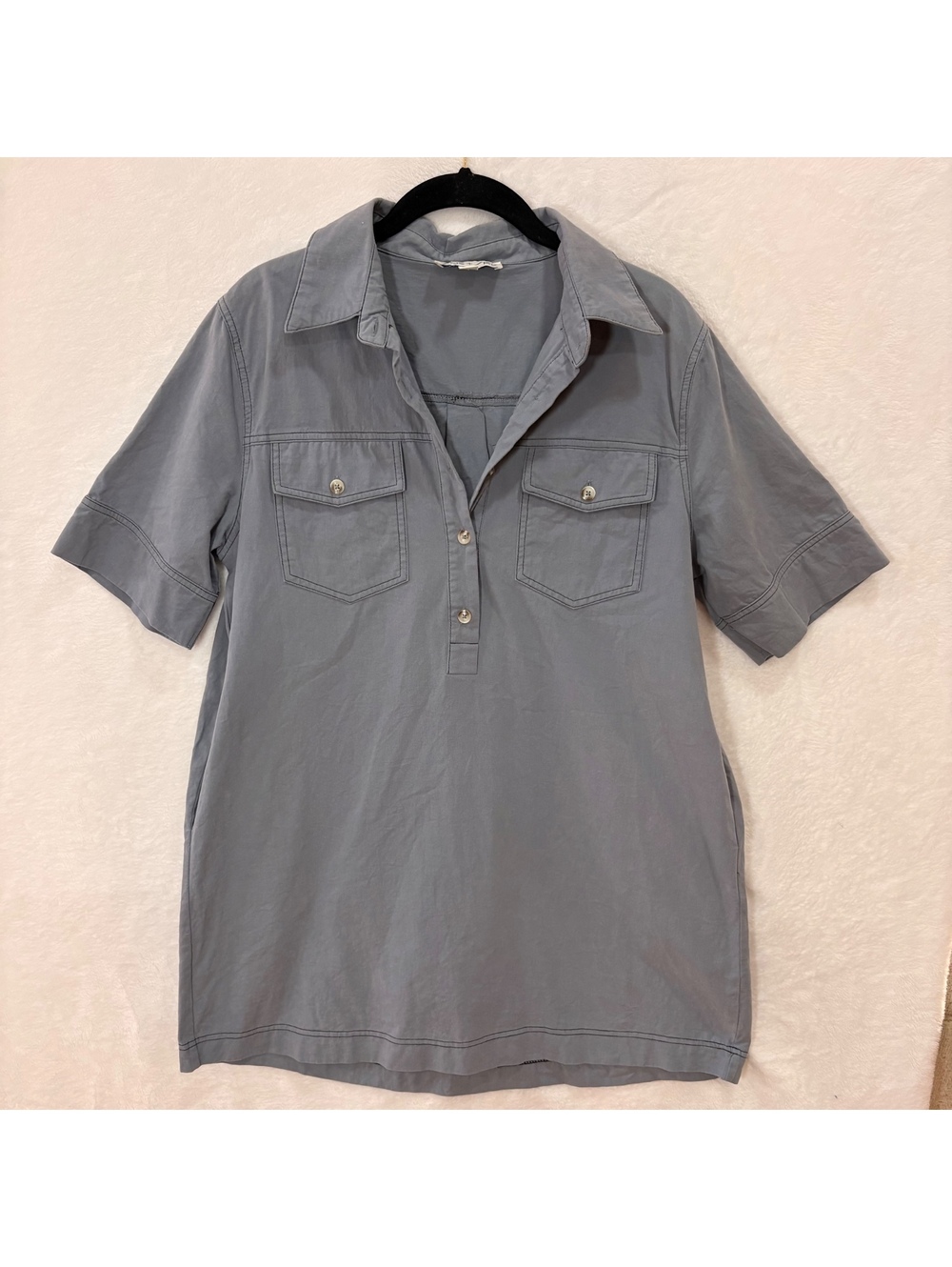 She + Sky Women’s Small Gray Blue Cotton Shirt Dress Utility Pockets Button